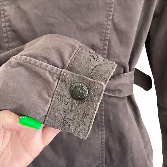 Sanctuary Small Basic Jacket Chocolate Brown Full Zip Front Belted Lace Collar - Picture 8 of 8